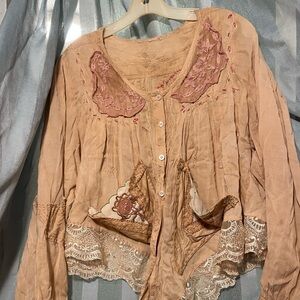 Source Unknown Tan and Pink Ruffled Blouse with Peter Pan Collar